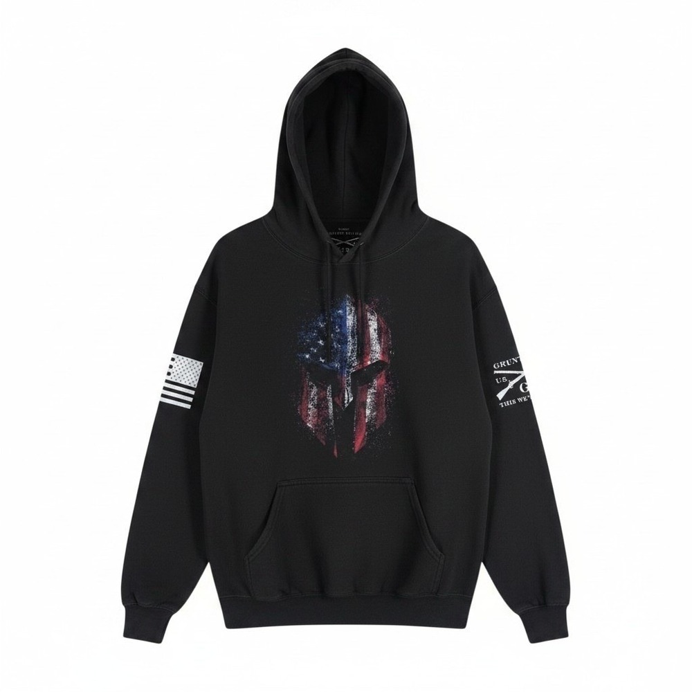 Grunt Style Hoodie Mens L American Spartan Black Helmet Patriotic Sweatshirt GS